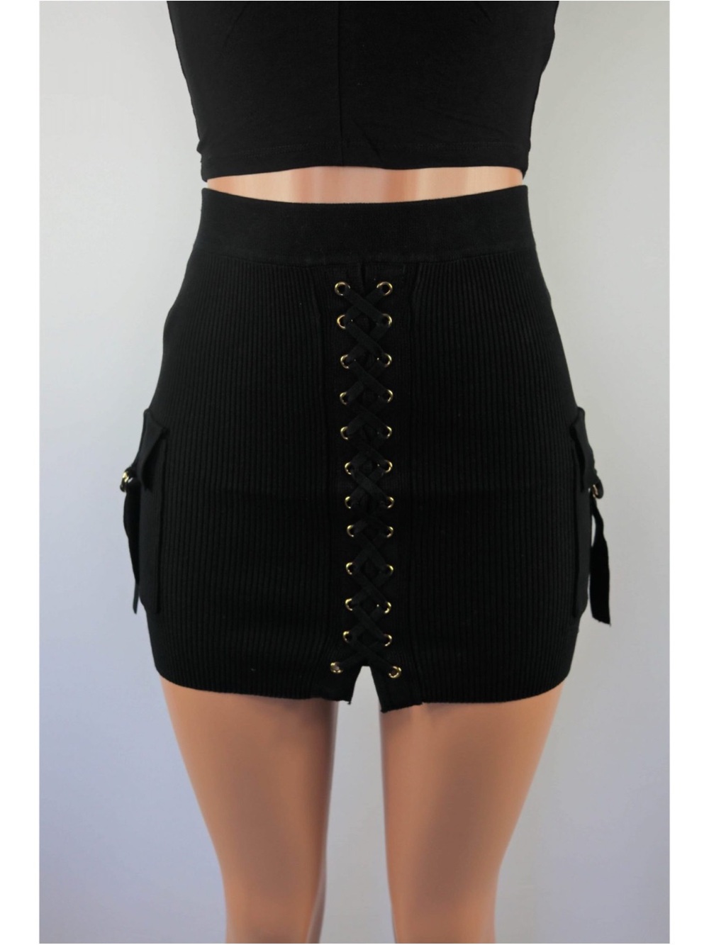Black Ribbed Lace-Up Mini Skirt
